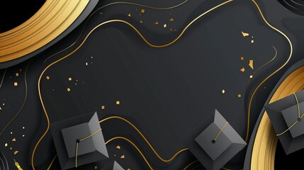 An elegant scene featuring black graduation caps adorned with golden tassels, set against a dark background with golden curved lines, representing success and sophistication.