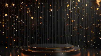 A stunning stage setup featuring a golden starry curtain backdrop with hanging stars, perfect for a grand graduation event, symbolizing achievement and future aspirations.