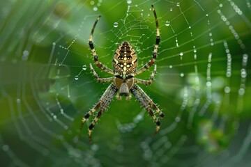 A spider sitting on the edge of its intricate web