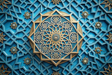 Intricate 3D Islamic ornament on a serene blue background, featuring circular geometric patterns, Arabic symbols, and Persian motifs, perfect for Ramadan designs and Middle Eastern-inspired art.