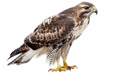 Fototapeta premium Beautiful brown hawk poses elegantly against a white backdrop, revealing its impressive features of a sharp beak, strong talons, and piercing gaze