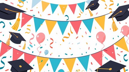 Naklejka premium A lively graduation-themed background adorned with colorful confetti and banners, featuring graduation caps and balloons, capturing the festive spirit and joy of academic achievement celebration.