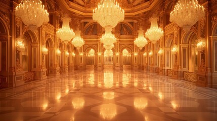 Obraz premium Grand Illuminated Ballroom with Elegant Chandeliers and Ornate Architecture