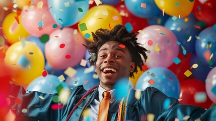 A joyful graduate in a cap and gown celebrating amidst colorful balloons and confetti, emanating happiness and success, creating a vibrant and lively moment of achievement.