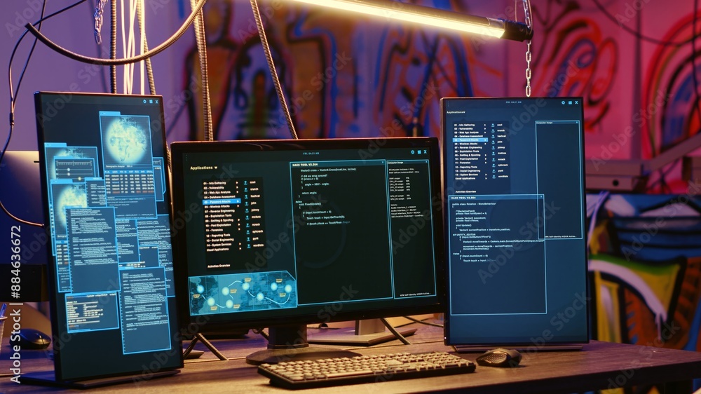 Aufkleber high tech computer systems running malicious code in messy empty criminals hideaway. virus script ru