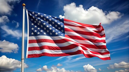Obraz premium Large American flag with red, white stripes and blue stars against a background of light blue sky. Photo of a flag waving in the wind. America's strength, freedom and independence concept