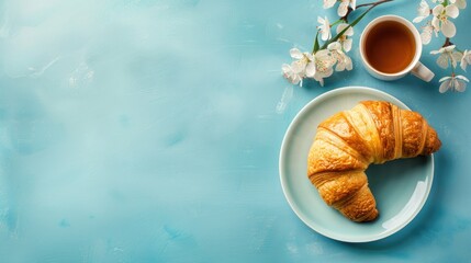 French breakfast setting with croissant on blue background Vintage style with copy space