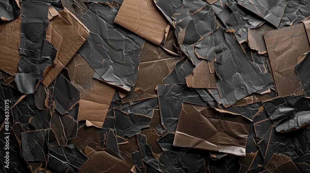 Poster a collection of brown paper fragments lying on a dark surface