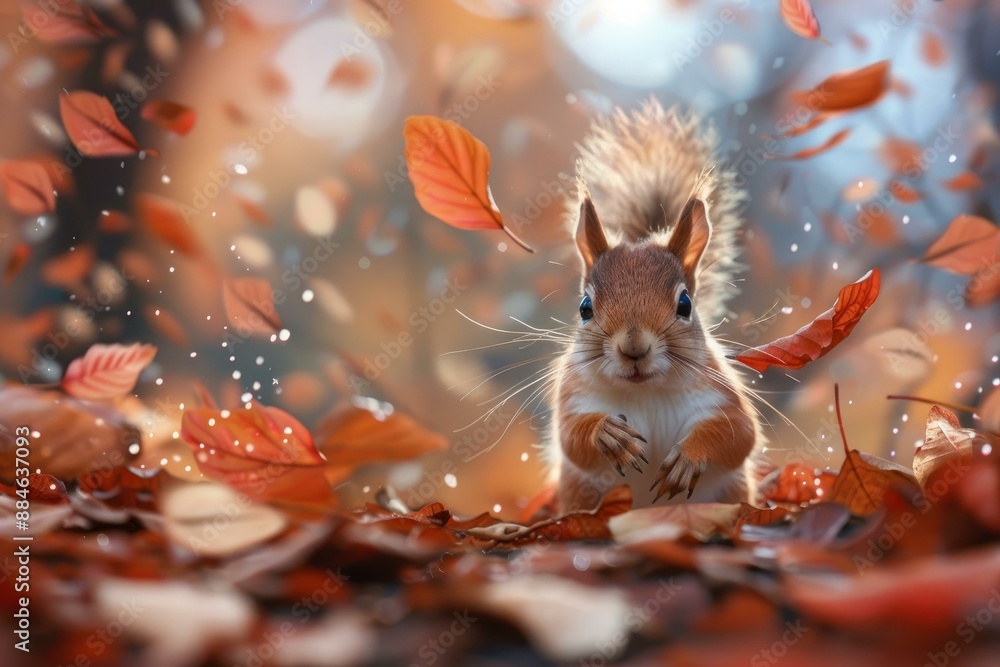 Poster a captivating image of a squirrel surrounded by a swirl of autumn leaves