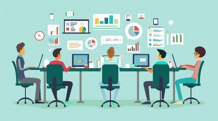 This image shows a diverse team of professionals analyzing data on laptops and paper charts, sitting around a table in a modern office environment, highlighting teamwork and analytics.
