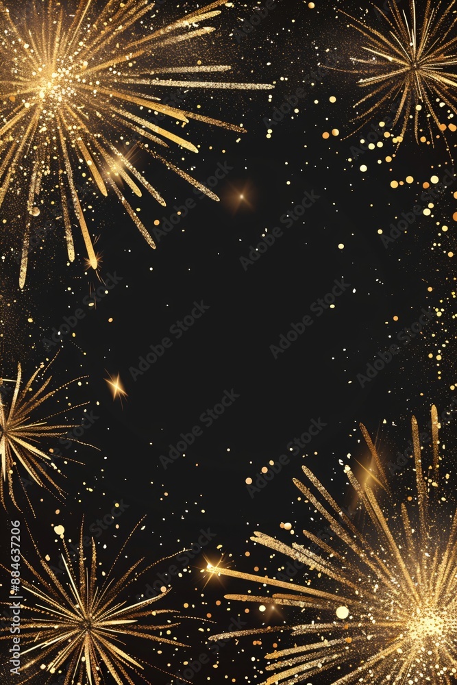 Aufkleber frame made from golden sparks and firecrackers on black background with copy space. festive firework