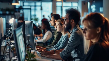 A diverse group of people working diligently on desktop computers in an open office space, indicative of collaborative efforts and a modern work culture.