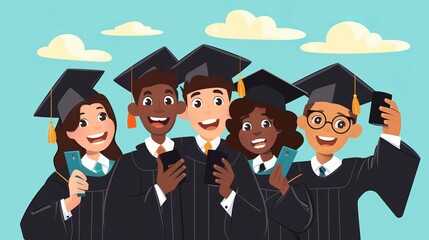 Obraz premium A group of five graduates in black caps and gowns take selfies together, celebrating their academic achievements against a backdrop of a clear blue sky with clouds.