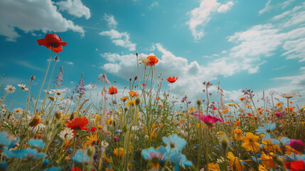Obraz premium A photograph of a vibrant field of wildflowers, various colors, with a bright, sunny sky in the background