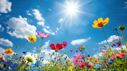 A photograph of a vibrant field of wildflowers, various colors, with a bright, sunny sky in the background