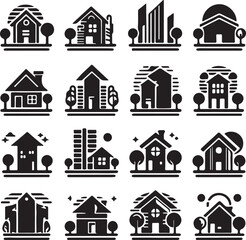 set of home and building icon black filled, home logo style, real estate logo, towers icon pack, vector home, trees, modern, house property