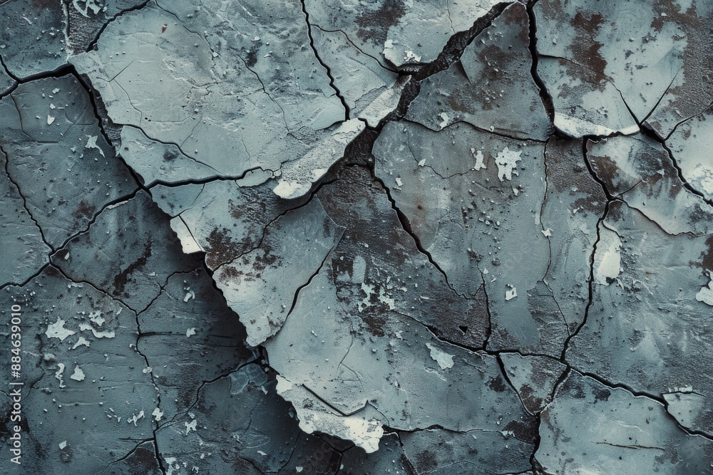Poster a close-up shot of a cracked wall with peeling paint, suitable for use in images about architecture,
