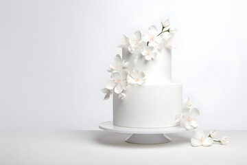 White two-tiered wedding cake decorated with flowers isolated on white background. Elegant holiday desserts concept.