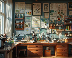 A science classroom with microscopes, test tubes, and posters of the periodic table on the walls.