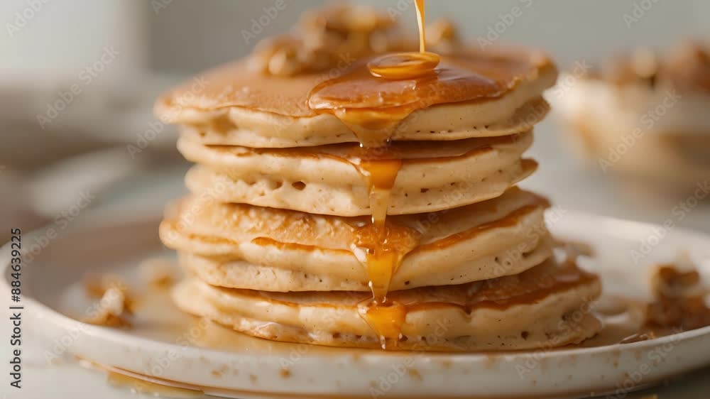 Poster a stack of fluffy pancakes made with whole wheat flour and topped with a generous drizzle of maple s