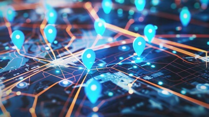 Digital GPS, neon map pin location.  Innovation navigation technology concept, network connection, information pointers