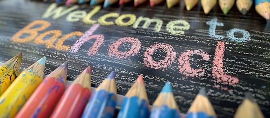 Close-up of a chalkboard with "Welcome Back to School" written in colorful chalk, surrounded by educational posters.