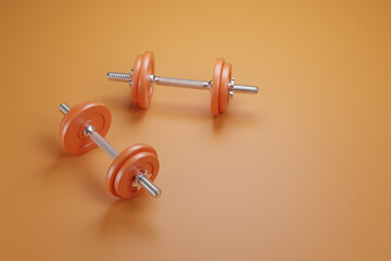 Orange dumbbells with copy space. 3d illustration.