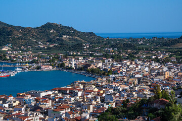 Naklejka premium Beautiful view from Bochali hill over Zakynthos town. Aerial panoramic view over Zakynthos island at sunset. Zakynthos island, Western Greece