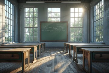 Empty classroom with rows of wooden desks and a green chalkboard in the background, sunlight streaming through large windows, creating a serene atmosphere.