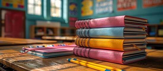 Stack of colorful notebooks and pencils arranged neatly on a wooden desk in an empty classroom, with motivational posters on the walls.