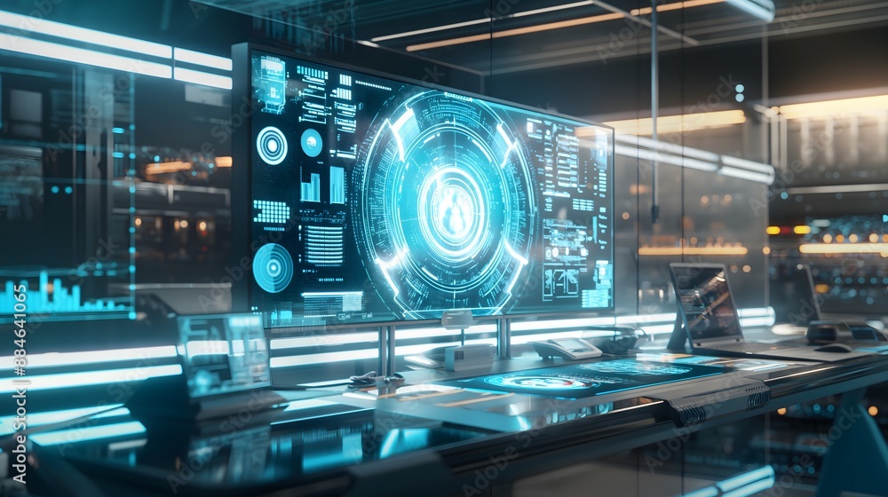 Poster 47. a sleek ai interface with dynamic, holographic elements in a modern workspace
