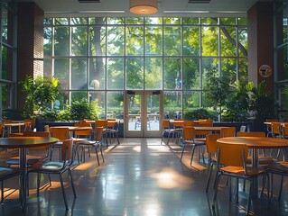 An empty cafeteria with neatly arranged tables and chairs, ready for students to return.