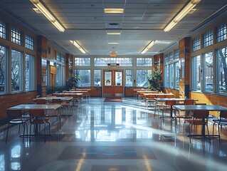 An empty cafeteria with neatly arranged tables and chairs, ready for students to return.