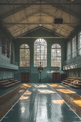 An empty gymnasium with basketball hoops, folded bleachers, and sunlight streaming through windows.