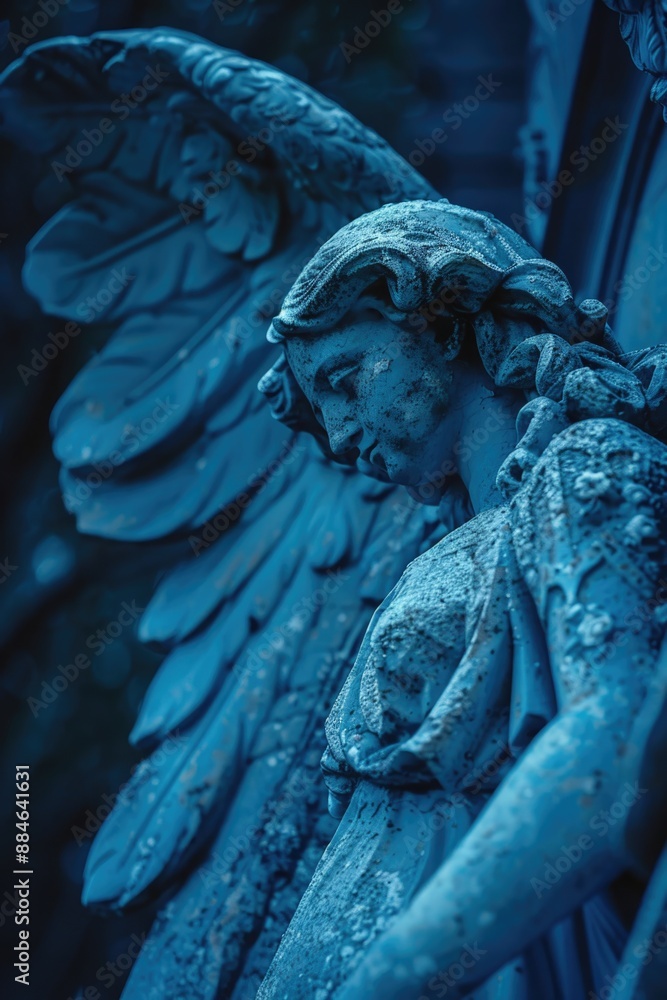 Poster A close-up view of a beautifully crafted statue of an angel, suitable for use in various contexts such as art, design, or decoration