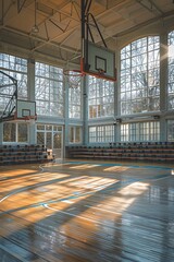 An empty gymnasium with basketball hoops, folded bleachers, and sunlight streaming through windows.