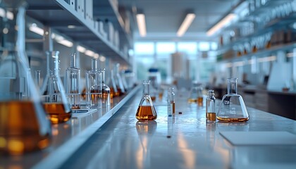An empty science lab with clean, organized countertops and glass beakers, ready for new experiments.