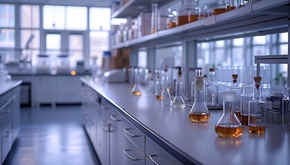 An empty science lab with clean, organized countertops and glass beakers, ready for new experiments.