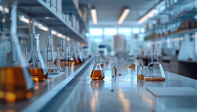 An empty science lab with clean, organized countertops and glass beakers, ready for new experiments.