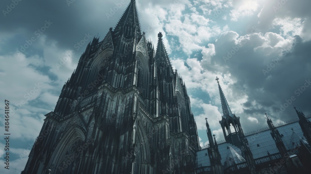 Poster a grand cathedral with a large clock on its side, providing a sense of time and place