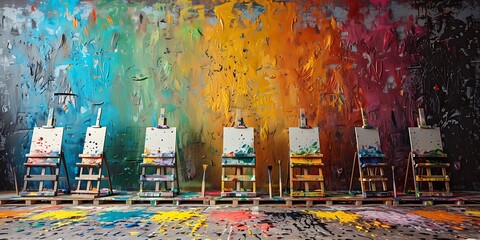 An organized art room with empty easels, paintbrushes, and a colorful paint splatter backdrop.