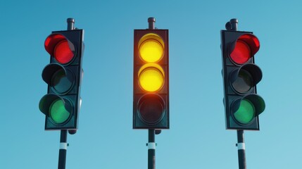 Three traffic lights with different colors - red, yellow, and green