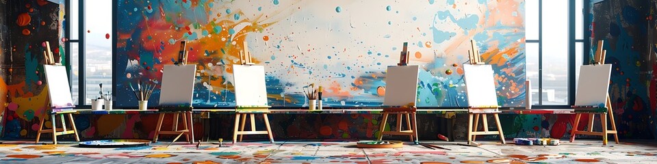 An organized art room with empty easels, paintbrushes, and a colorful paint splatter backdrop.