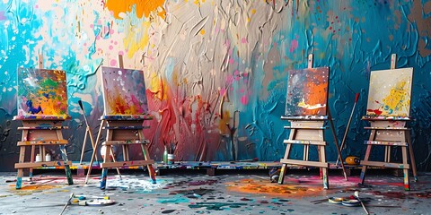 An organized art room with empty easels, paintbrushes, and a colorful paint splatter backdrop.