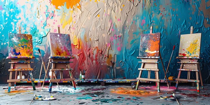 An organized art room with empty easels, paintbrushes, and a colorful paint splatter backdrop.