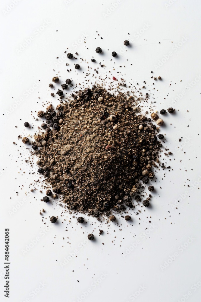 Poster A close-up shot of a pile of dirt on a white surface, great for use in photography tutorials or as an example of texture and composition