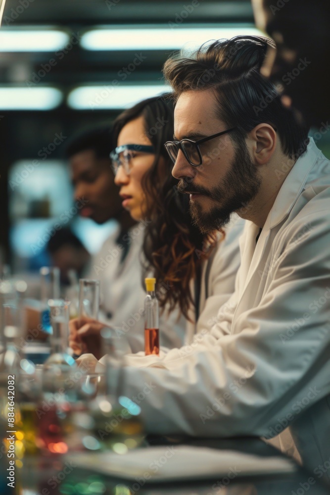 Aufkleber Group of people sitting at a table in a lab, conducting experiments and analyzing data