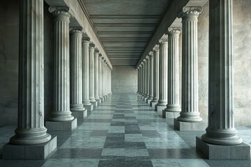 Obraz premium Majestic and grand classical pillars and columns in a historical stone hallway with a checkered floor, showcasing the architectural details and symmetry of a monumental and spacious ancient building