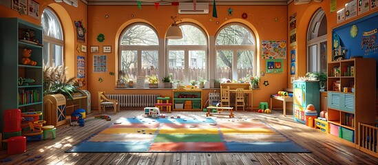 A bright and colorful preschool classroom with toys, books, and a welcoming atmosphere.