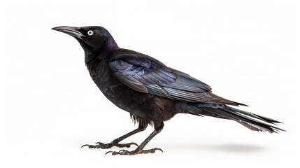 Common grackle with shimmering black feathers is perched against a white backdrop, gazing upwards